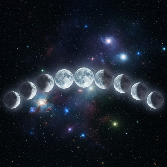Moon Phases: Cold & Faint Colors in Vast Cosmos Moon Phases: Cold & Faint Colors in Vast Cosmos