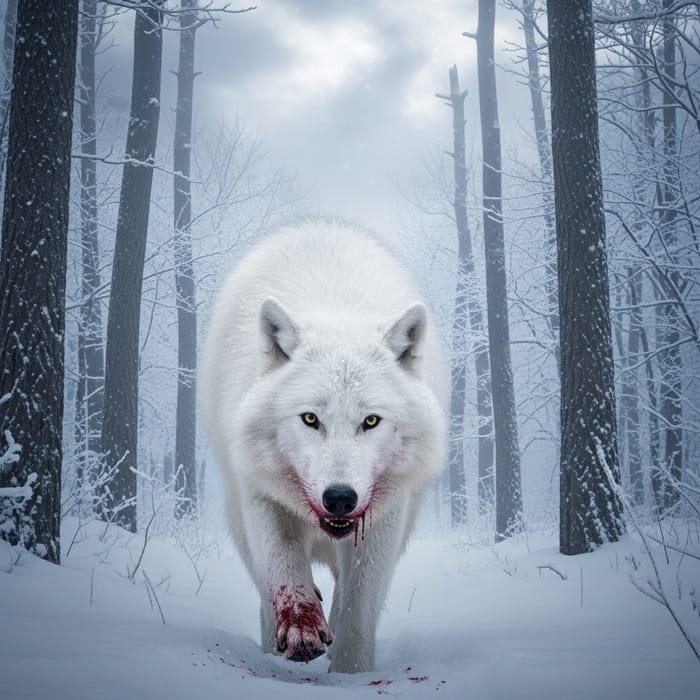 Big White Wolf in Winter Forest | Blood and Survival Big White Wolf in Winter Forest | Blood and Survival