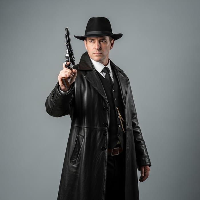 Mysterious Man in Long Leather Coat with Antique Revolver Mysterious Man in Long Leather Coat with Antique Revolver