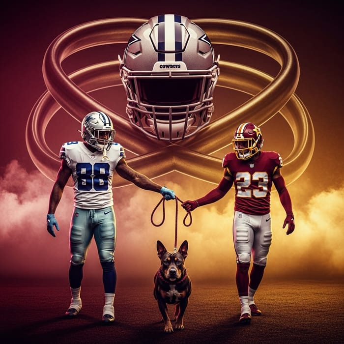 8K Detailed Dallas Cowboy Walking Washington Commando On Leash With Incandescent Fluid Cloud