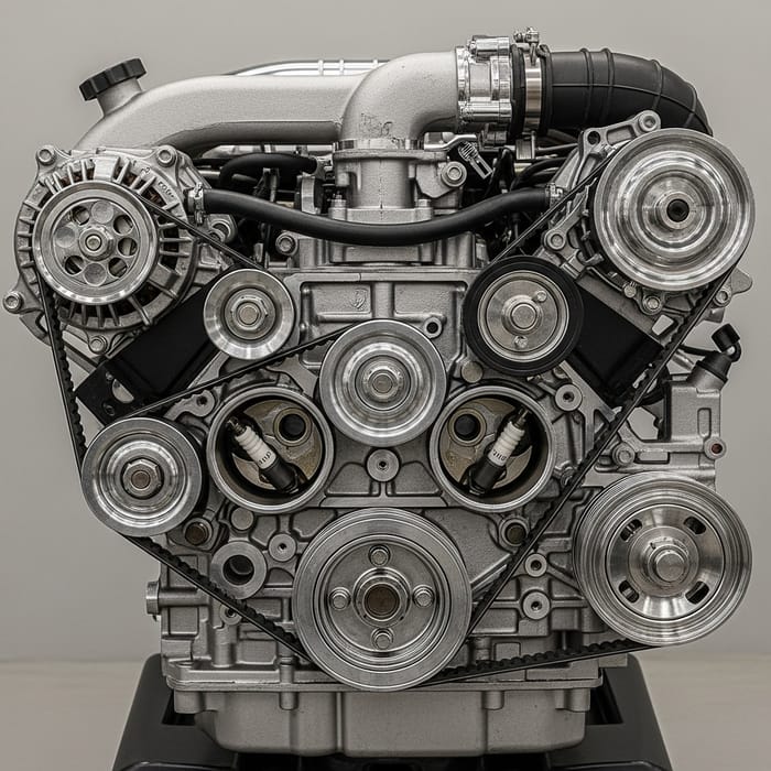 Detailed Car Engine: Shiny Metal and Rubber Components Detailed Car Engine: Shiny Metal and Rubber Components