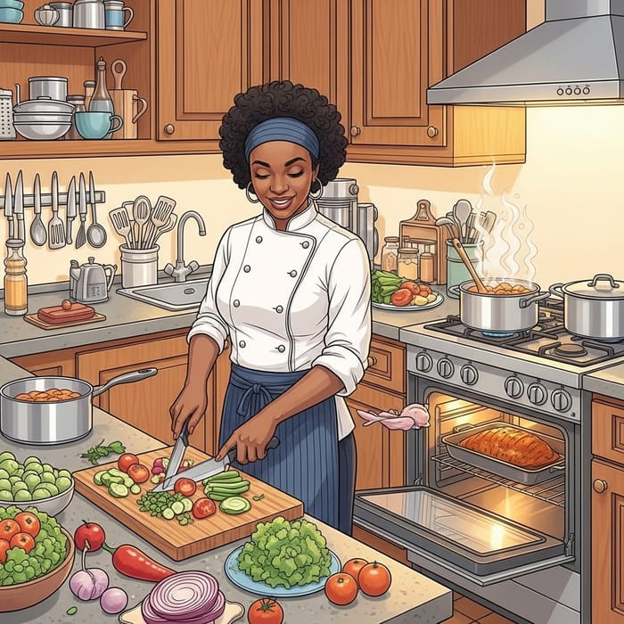 Dynamic Kitchen Scene Featuring Black Female Cook | Culinary Mastery