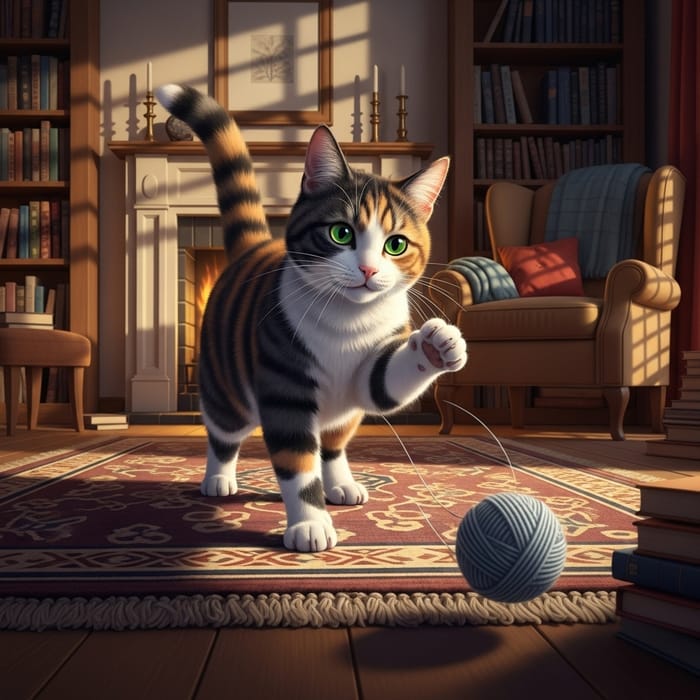Playful Domestic Cat with Yarn