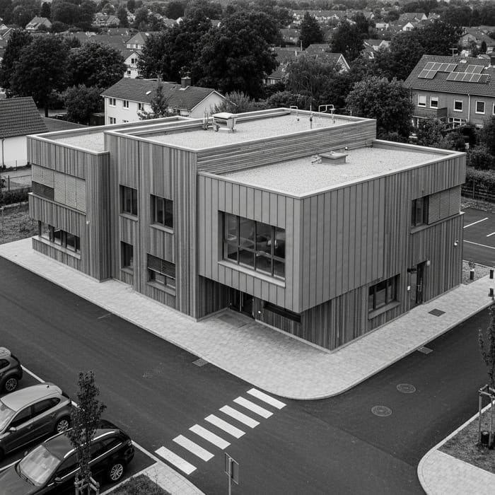 Minimalist School Architecture with Gray Wood and Metal Facades