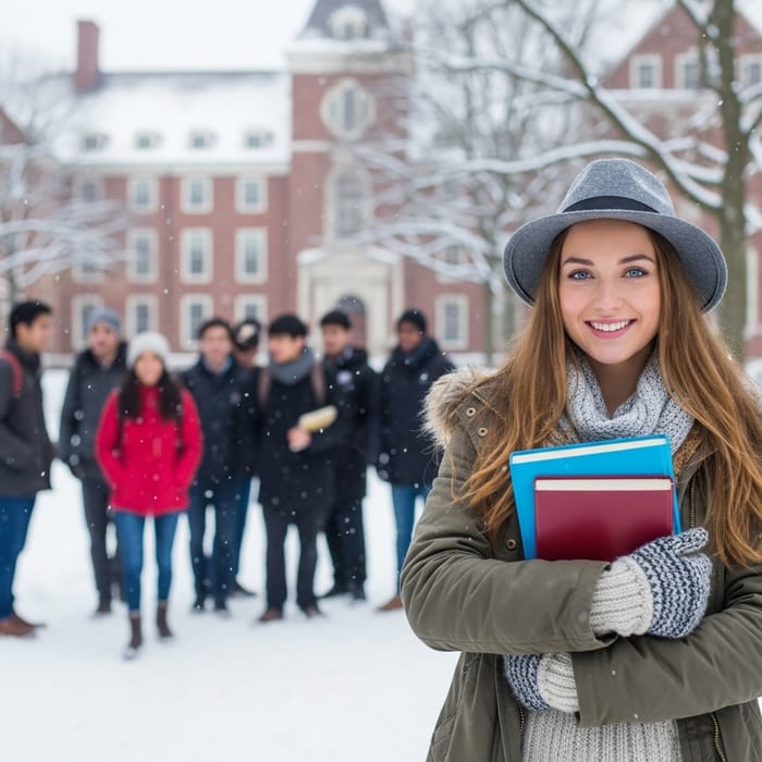 Smiling Woman with Books at University Campus in Winter Smiling Woman with Books at University Campus in Winter