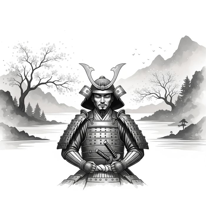 Tranquil Samurai Meditation in Nature: Zen Ink Wash Artwork Tranquil Samurai Meditation in Nature: Zen Ink Wash Artwork