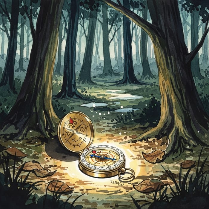 Illuminated Compass in Dark Forbidden Forest Watercolor Illuminated Compass in Dark Forbidden Forest Watercolor