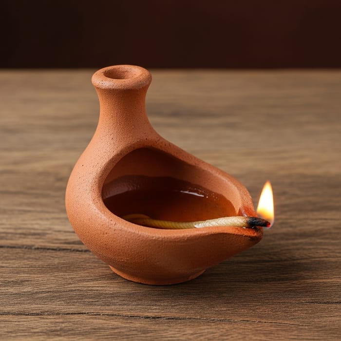 Handcrafted Earthen Lamp on Rustic Wooden Table Handcrafted Earthen Lamp on Rustic Wooden Table