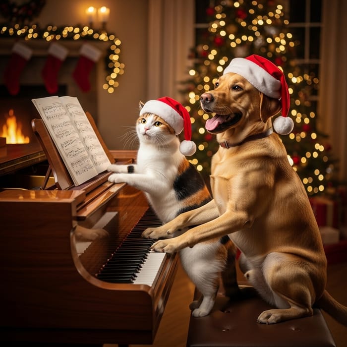Realistic Tricolor Cat and Labrador Dog Christmas Piano Duet