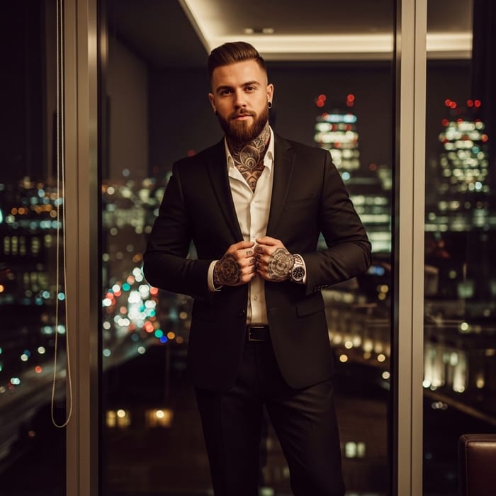Captivating Urban Portrait in London: Charismatic Man with Intricate Story Tattoos