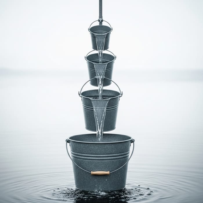 Stacked Bucket Waterfall: Flowing Water Cycle Display Stacked Bucket Waterfall: Flowing Water Cycle Display
