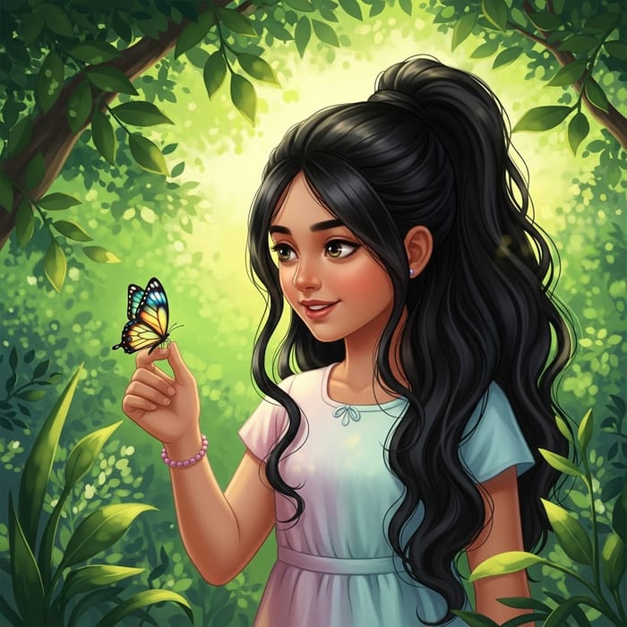 Charming Girl Surrounded by Flowers and Butterflies Charming Girl Surrounded by Flowers and Butterflies
