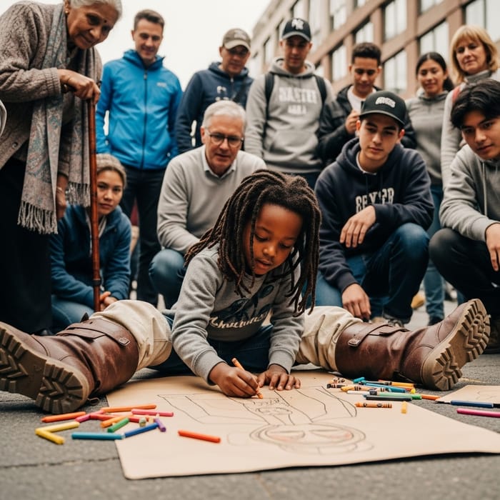 Multicultural Crowd Watches African Child Drawing Art Multicultural Crowd Watches African Child Drawing Art