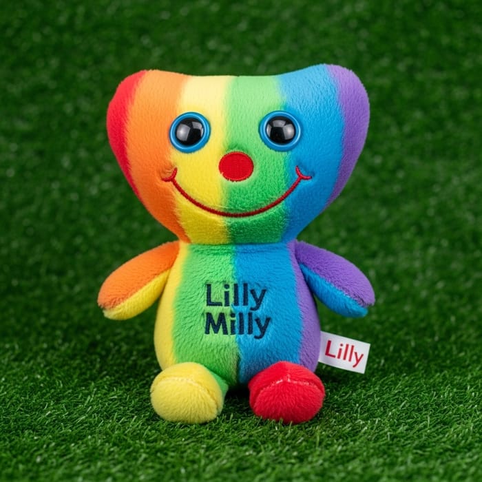 Rainbow Hagi Waga Lilly Milly Soft Toy on Green Background