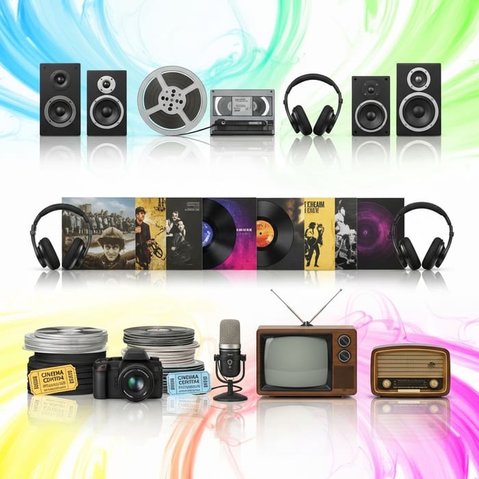Multimedia Elements: Audio Speakers, Video Reel, Vinyl Records... Multimedia Elements: Audio Speakers, Video Reel, Vinyl Records...