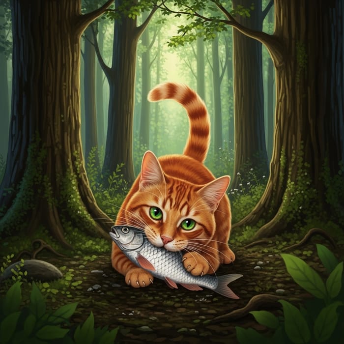 Ginger Cat with Emerald Green Eyes Eating Fish in Enchanted Woods