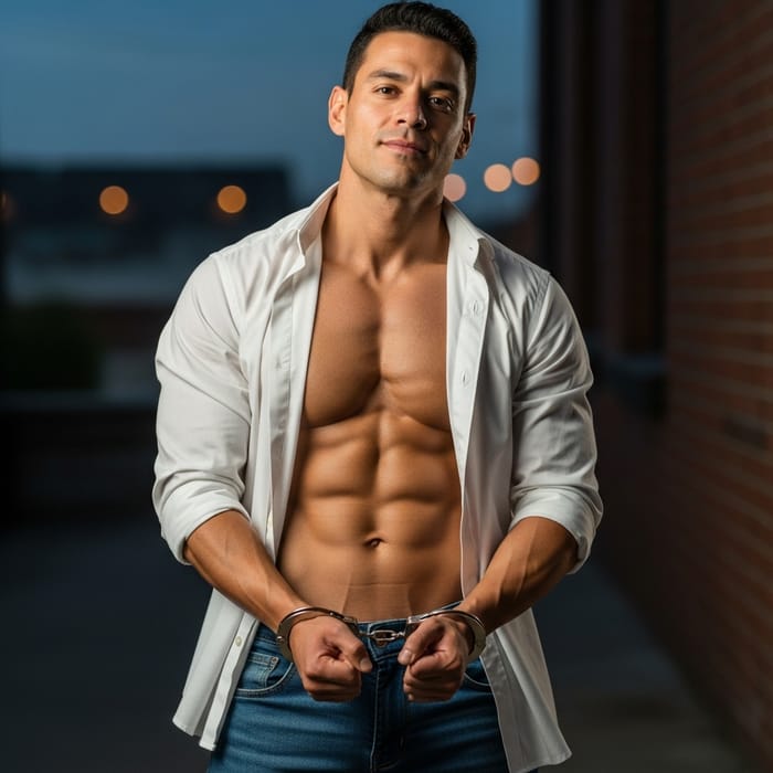 Handcuffed Hispanic Man with Toned Six-Pack | Strong & Stoic Handcuffed Hispanic Man with Toned Six-Pack | Strong & Stoic