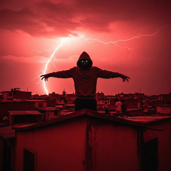Dark Hooded Figure Controlling Shadowy Scene With Eerie Glow