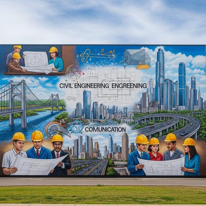Sprawling Civil Engineering Mural: Skyscrapers, Engineers, Highways Sprawling Civil Engineering Mural: Skyscrapers, Engineers, Highways
