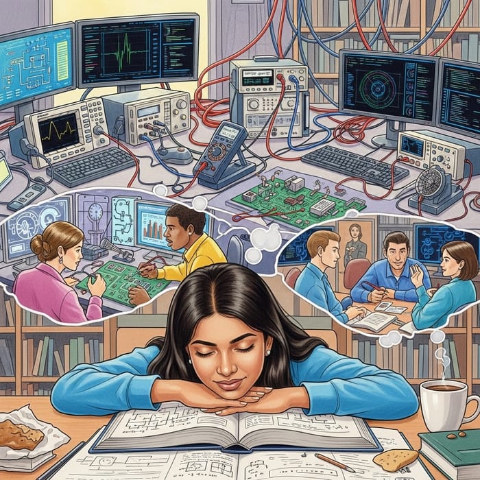 Colorful Drawing of South Asian Female Electrical Engineering Student Dreaming in Technologically Advanced Workspace Colorful Drawing of South Asian Female Electrical Engineering Student Dreaming in Technologically Advanced Workspace