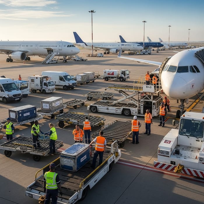Airport Platform Drawing - Diverse Crews in Action | Sunrise Scene