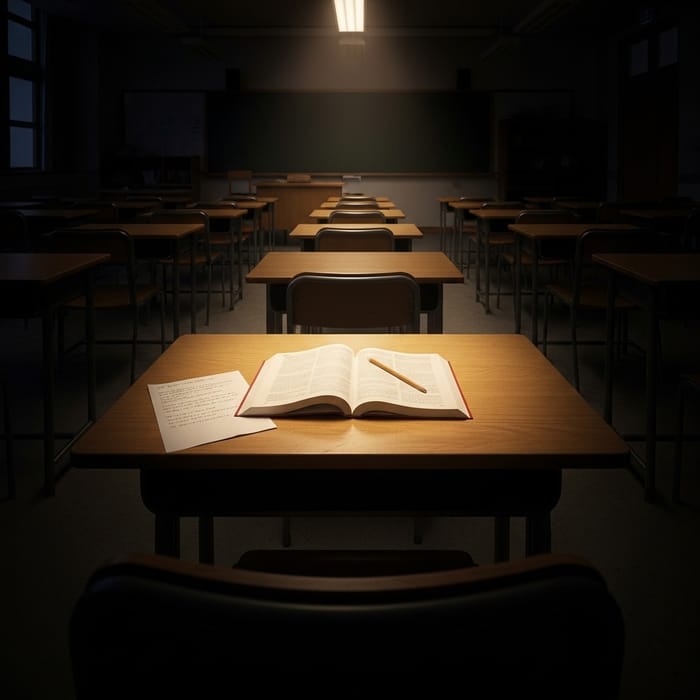 Illuminated Desk in Empty Classroom Image Illuminated Desk in Empty Classroom Image