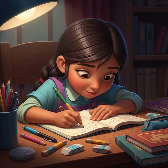 Young Hispanic Girl Studying with Colorful Stationery | Animated Schoolwork Young Hispanic Girl Studying with Colorful Stationery | Animated Schoolwork