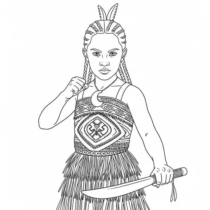 Young Maori Warrior Girl: Strength and Courage in Black Outline Young Maori Warrior Girl: Strength and Courage in Black Outline