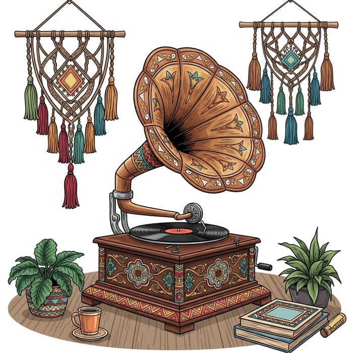 Boho Style Gramophone with Classic Vinyl Record Boho Style Gramophone with Classic Vinyl Record