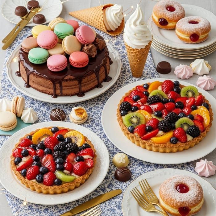 Colorful Dessert Delights: Macarons, Chocolate Cake & More