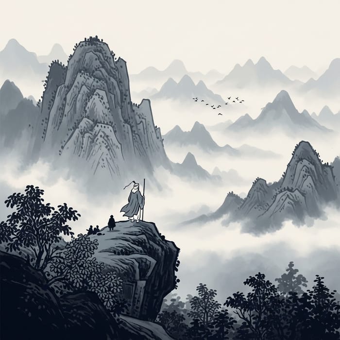 Tranquil Chinese Ink Wash Mountain Landscape - Simplistic Serenity