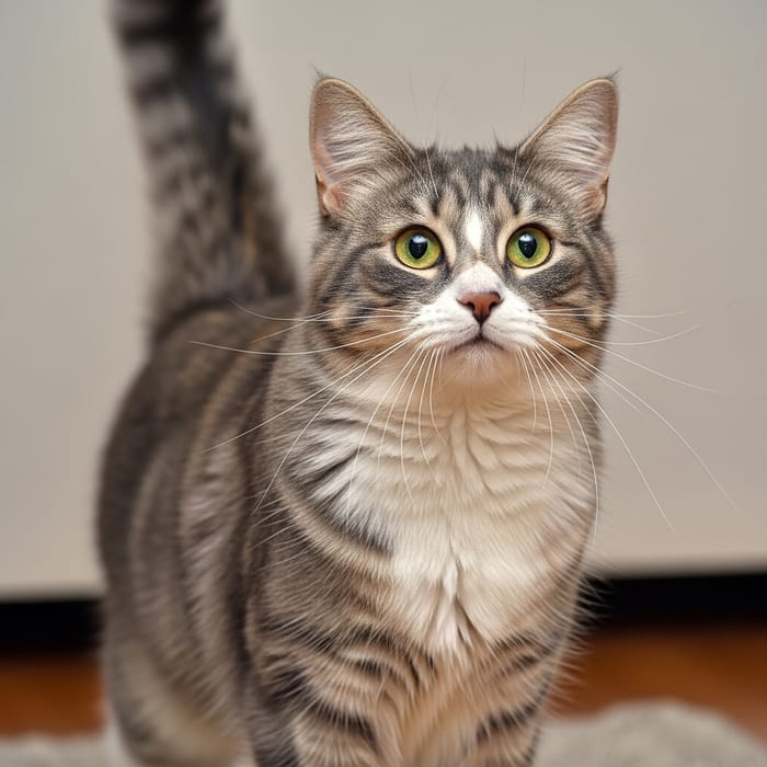 Fluffy Gray and White Domestic Cat | Cute and Curious Pose