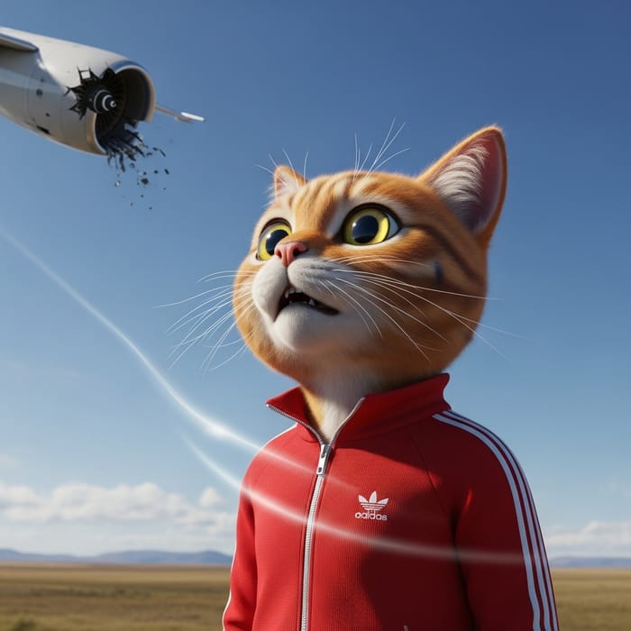 Hyperrealistic Cartoon Cat in Red Tracksuit Sees Engine Break