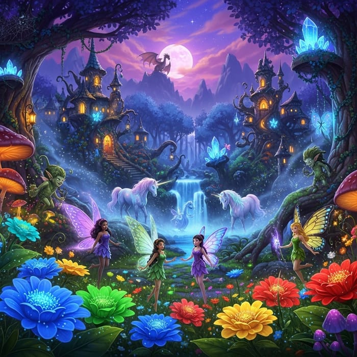 Enchanted Kingdom Panoramic View with Dancing Fairies and Magical Creatures