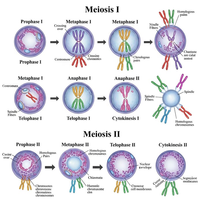 Stepwise Guide to Meiosis Process | Educational Biology Illustration Stepwise Guide to Meiosis Process | Educational Biology Illustration