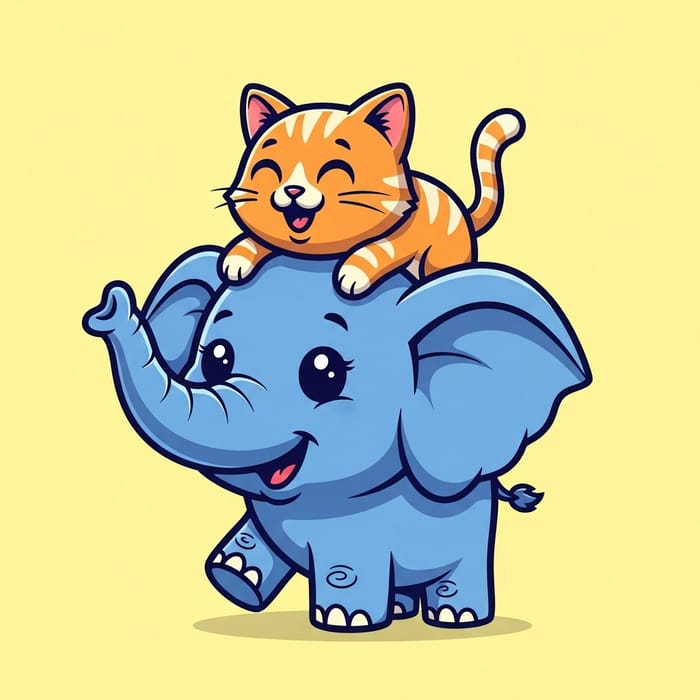 Whimsical Elephant Carrying Cat: Cute Cartoon Illustration