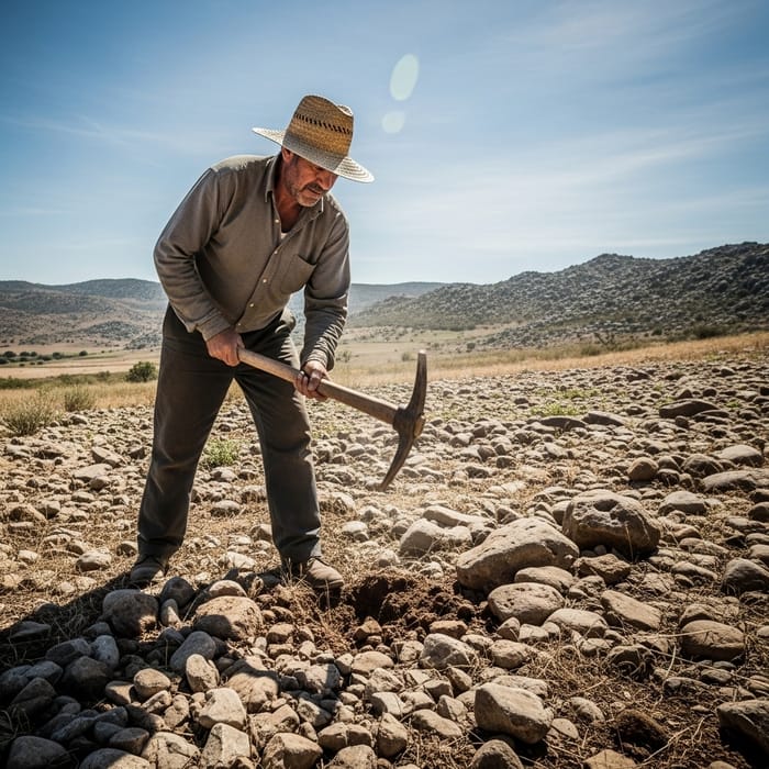 Hispanic Farmer in Stone-Covered Field | Agricultural Setting