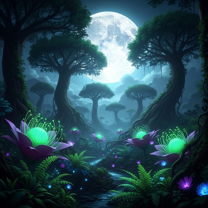 Enchanting Moonlit Forest: Bioluminescent Alien Landscape Enchanting Moonlit Forest: Bioluminescent Alien Landscape