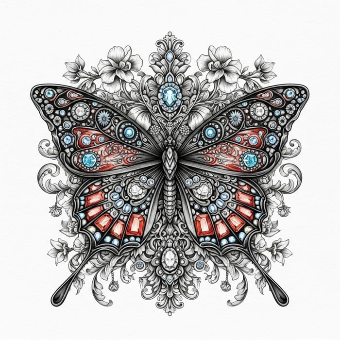 Intricate Butterfly Pattern with Delicate Floral, Jewels, and Baroque Inspiration Intricate Butterfly Pattern with Delicate Floral, Jewels, and Baroque Inspiration