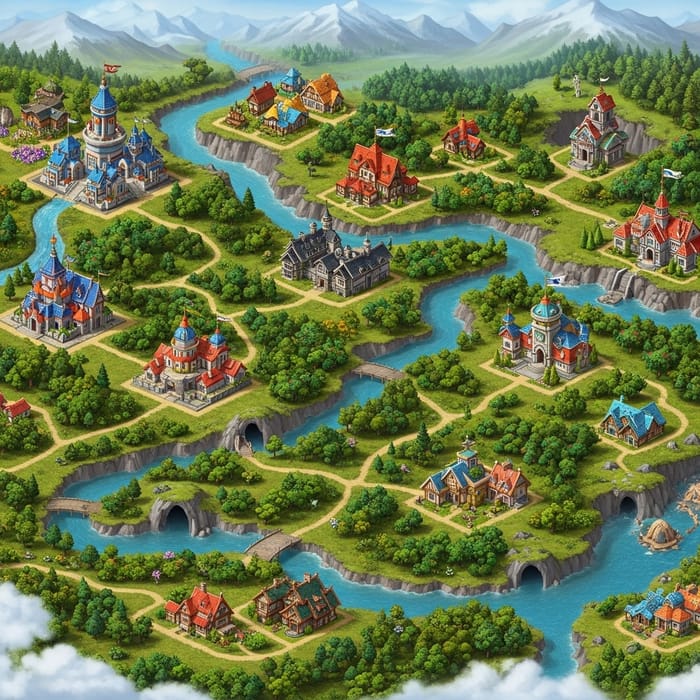 Expansive World Design like Skyrim, featuring Cities, Villages, Forests, Rivers, and Caves
