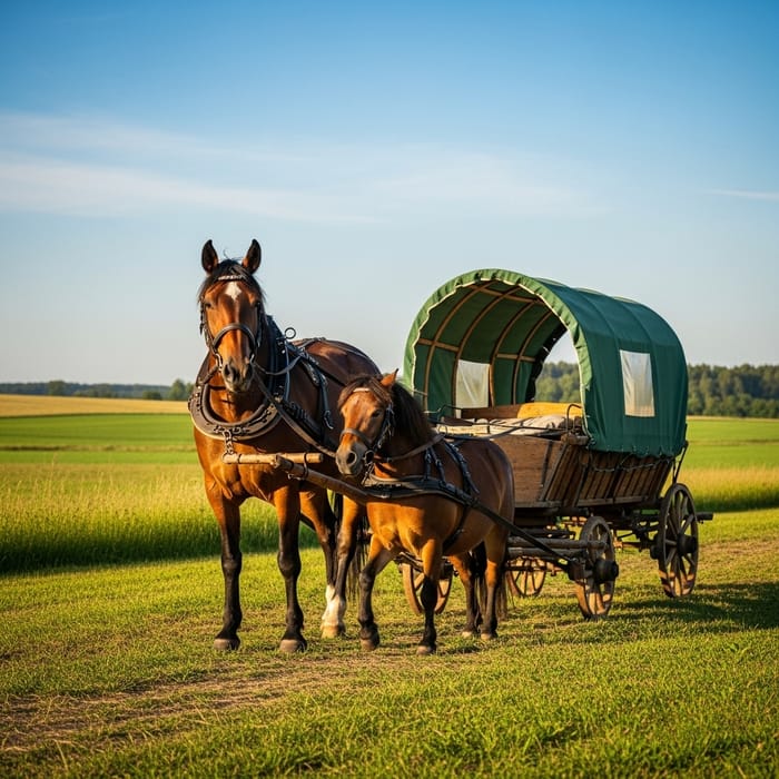 Beautiful Scene with Majestic Horse and Playful Pony Pulling Rustic Cart Beautiful Scene with Majestic Horse and Playful Pony Pulling Rustic Cart