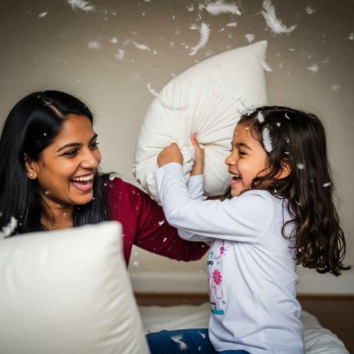 Heartwarming Mother-Daughter Pillow Fight Moments Heartwarming Mother-Daughter Pillow Fight Moments