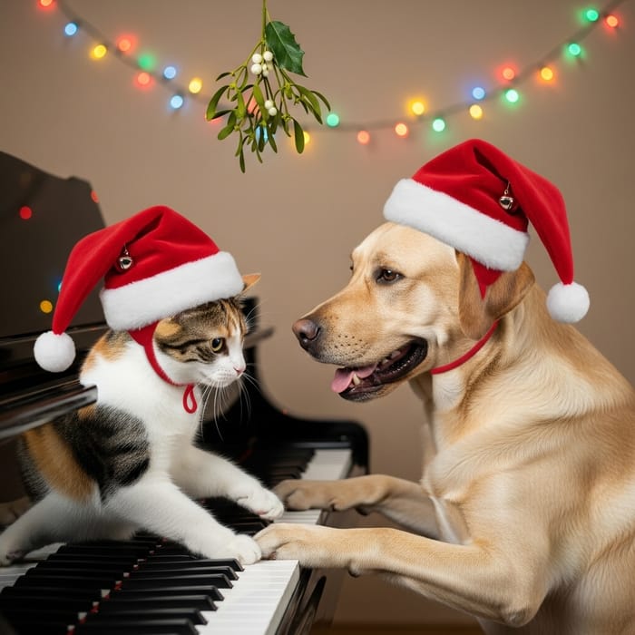 Happy Trio: Cat, Labrador Dog in Santa Hats Playing Piano