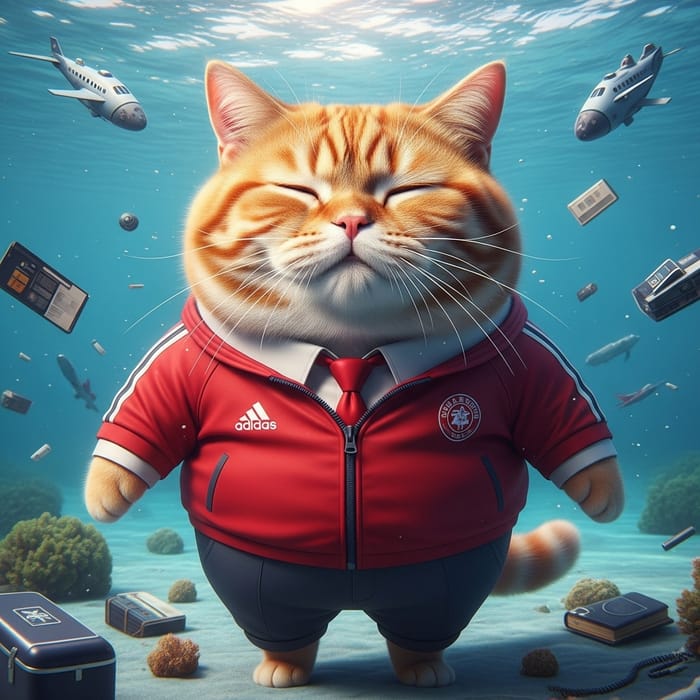 Adorable Red Cat in Red Outfit Swimming Among Passengers' Belongings