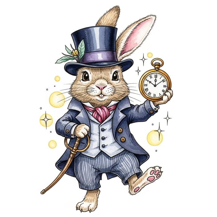 Whimsical Rabbit | Top Hat & Pocket Watch Watercolor Art Whimsical Rabbit | Top Hat & Pocket Watch Watercolor Art