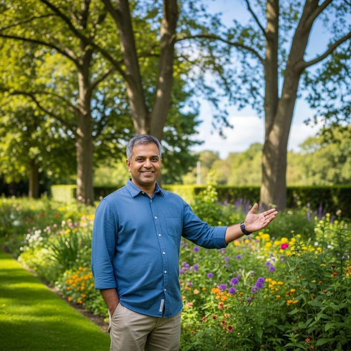 Peaceful South Asian Man in Garden | Welcoming Smile Peaceful South Asian Man in Garden | Welcoming Smile