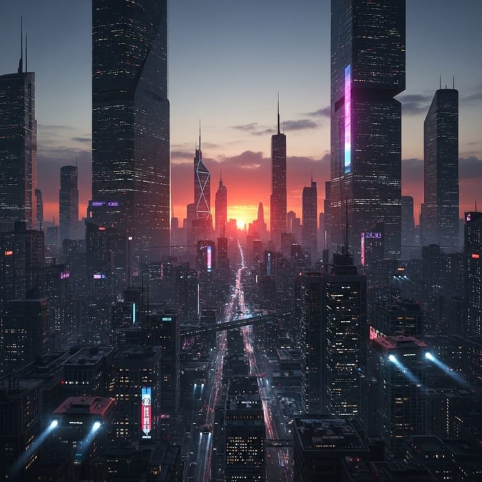 Neon Cyberpunk Cityscape - Sunset Majesty & Hovercars