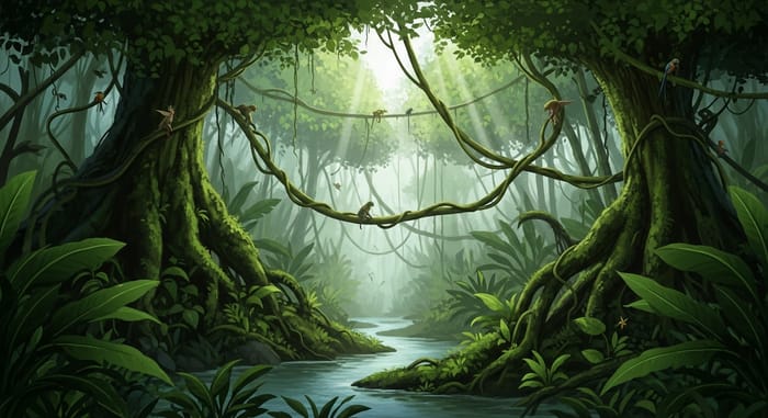 Immersive Jungle Experience: Verdant Canopy & Exotic Wildlife