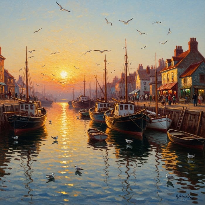 Beautiful Harbor Sunset: Vibrant Impressionism Scene Beautiful Harbor Sunset: Vibrant Impressionism Scene