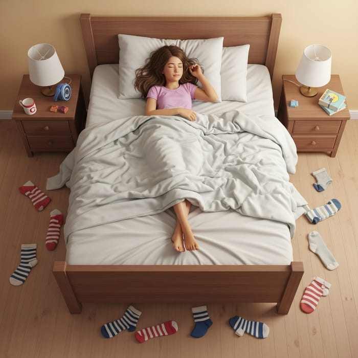 12-Year-Old Girl Sleeping Barefoot in Cozy Bed
